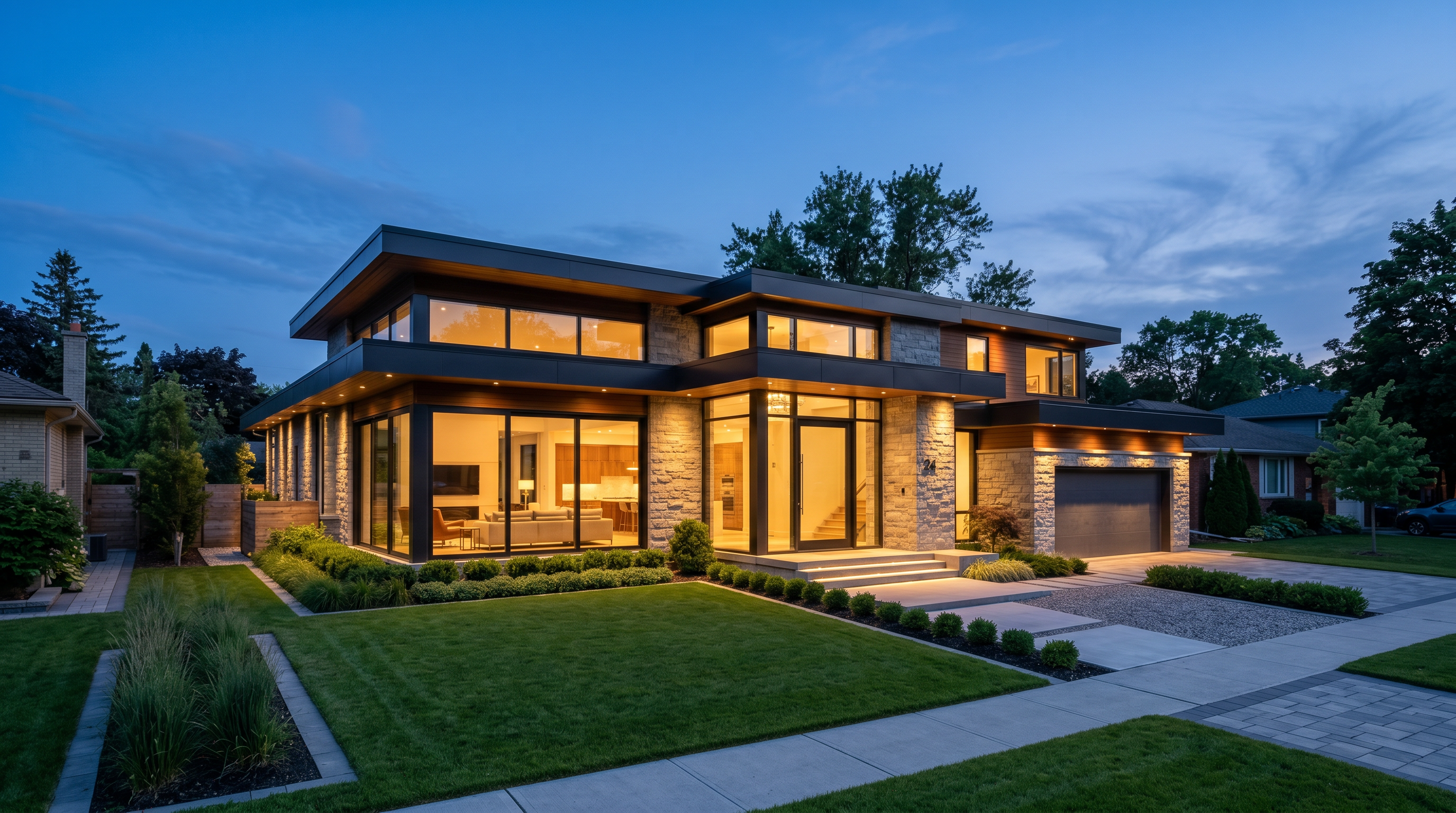 Modern luxury home at dusk being marketed to local buyers