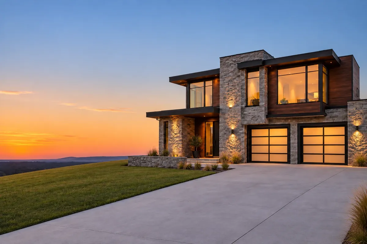 Contemporary stone home at sunset