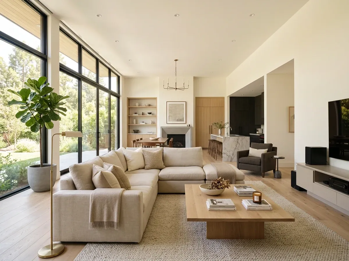Bright modern living room with large windows